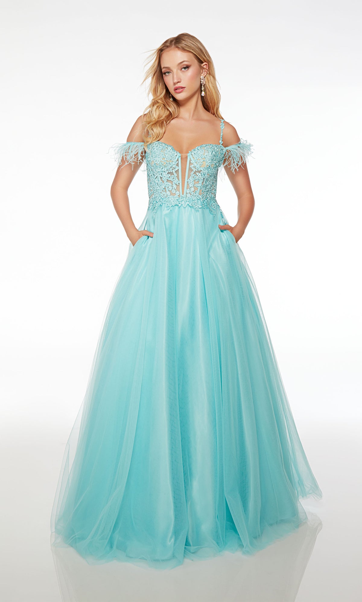 Delightful light blue glitter tulle corset ball gown with sheer floral lace bodice, detachable feather straps, and an convenient zip-up back.