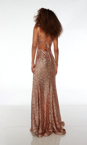 Rose gold sequin dress with an square neckline, high slit, crisscross lace-up back, and an slight train for an elegant and captivating look.