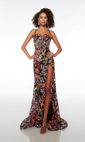 Black fitted formal dress adorned with colorful sequined flowers, featuring an plunging neckline, high side slit, crisscross lace-up back, and an train.