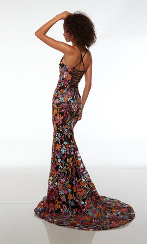 Black fitted formal dress adorned with colorful sequined flowers, featuring an plunging neckline, high side slit, crisscross lace-up back, and an train.