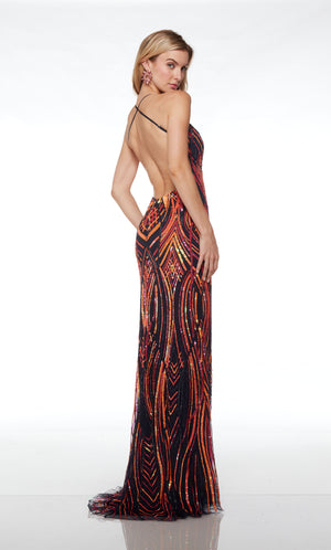 Stunning midnight-multi colored hand-beaded designer dress: plunging neckline, high side slit, crisscross adjustable strap back, and an slight train.