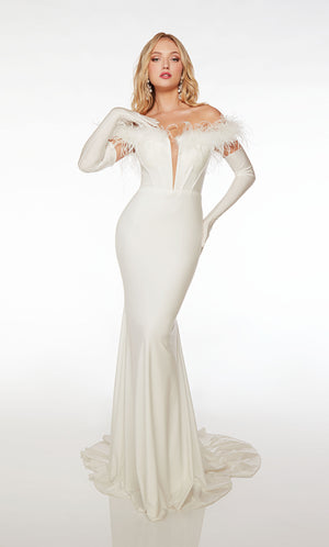 Hollywood glam white mermaid dress, feather neckline, matching long gloves for timeless elegance.