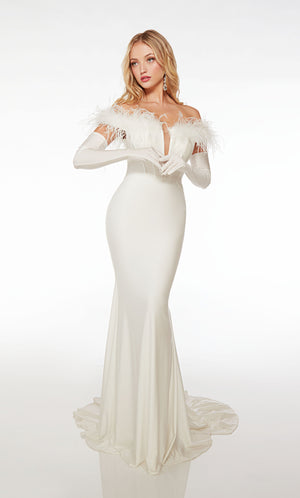 Hollywood glam white mermaid dress, feather neckline, matching long gloves for timeless elegance.