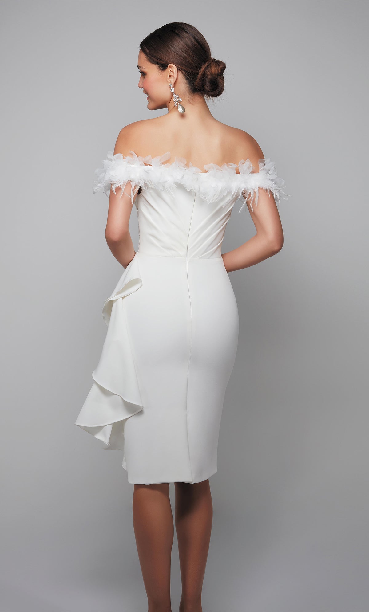 Ivory engagement dress with side ruffle,  feather trimmed off the shoulder bodice, and back slit.