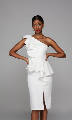 One shoulder ruffled white cocktail dress with side slit.