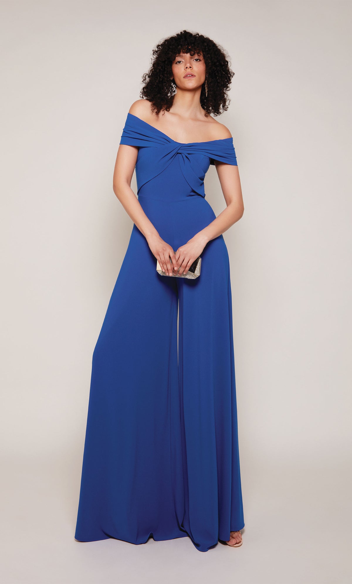 Royal blue wide leg jumpsuit with an off the shoulder neckline. Color-SWATCH_70013__ROYAL