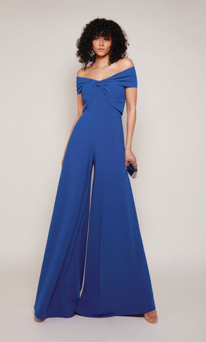 Royal blue wide leg jumpsuit with an off the shoulder neckline.