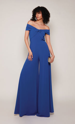 Royal blue wide leg jumpsuit with an off the shoulder neckline.