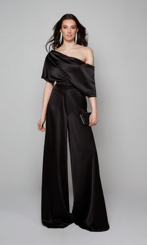 Black formal jumpsuit with draped one shoulder bodice. Color-SWATCH_70019__BLACK