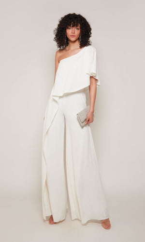 A chic, wide leg jumpsuit with a draped top in ivory.