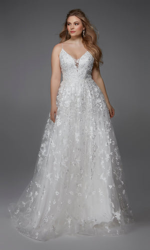 A line Ivory lace wedding gown with a plunging neckline