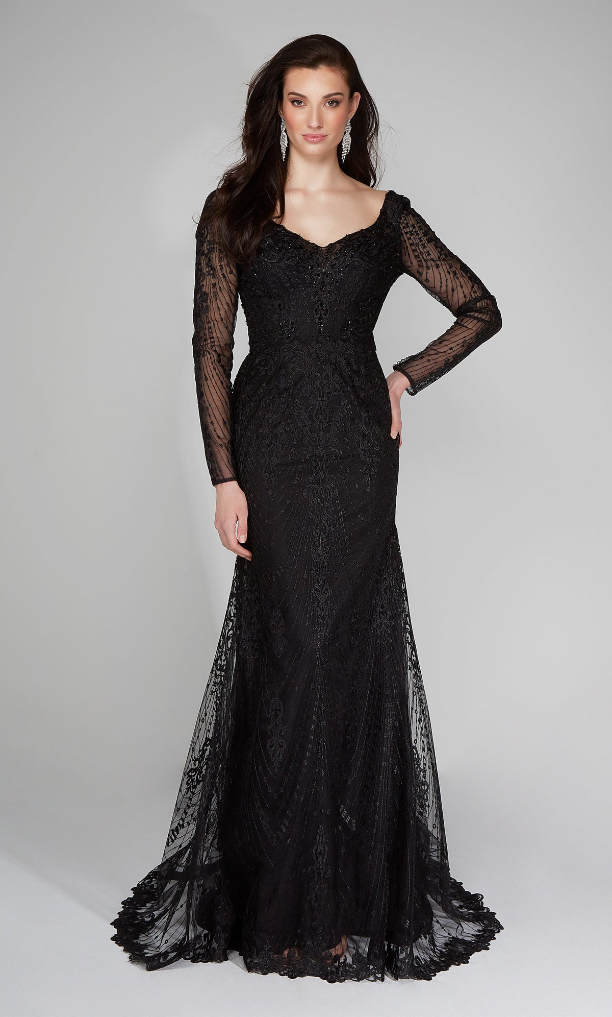 Black long sleeve formal dress with a v neckline.