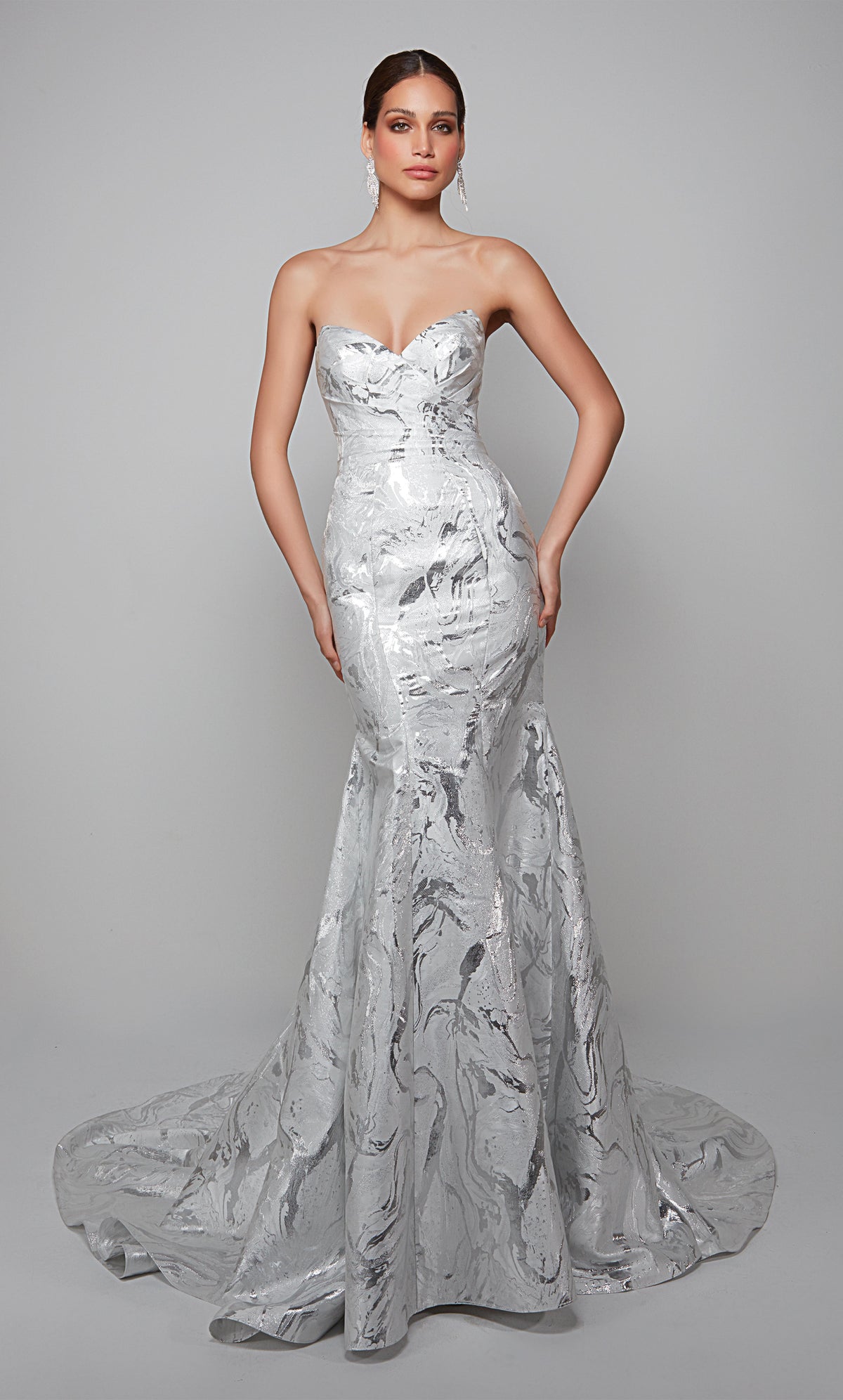 Fit and flare strapless jacquard wedding dress in ivory-silver.