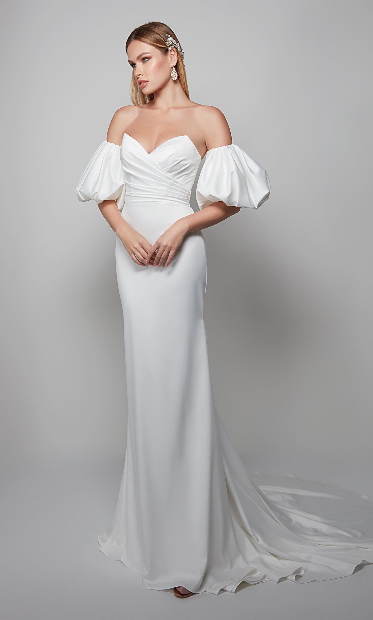 White satin wedding gown with pleated bodice and removable puff sleeves. Color-SWATCH_7056__DIAMOND-WHITE