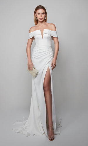 Plunging off the shoulder draped wedding gown with side slit in diamond white. Color-SWATCH_7058__DIAMOND-WHITE