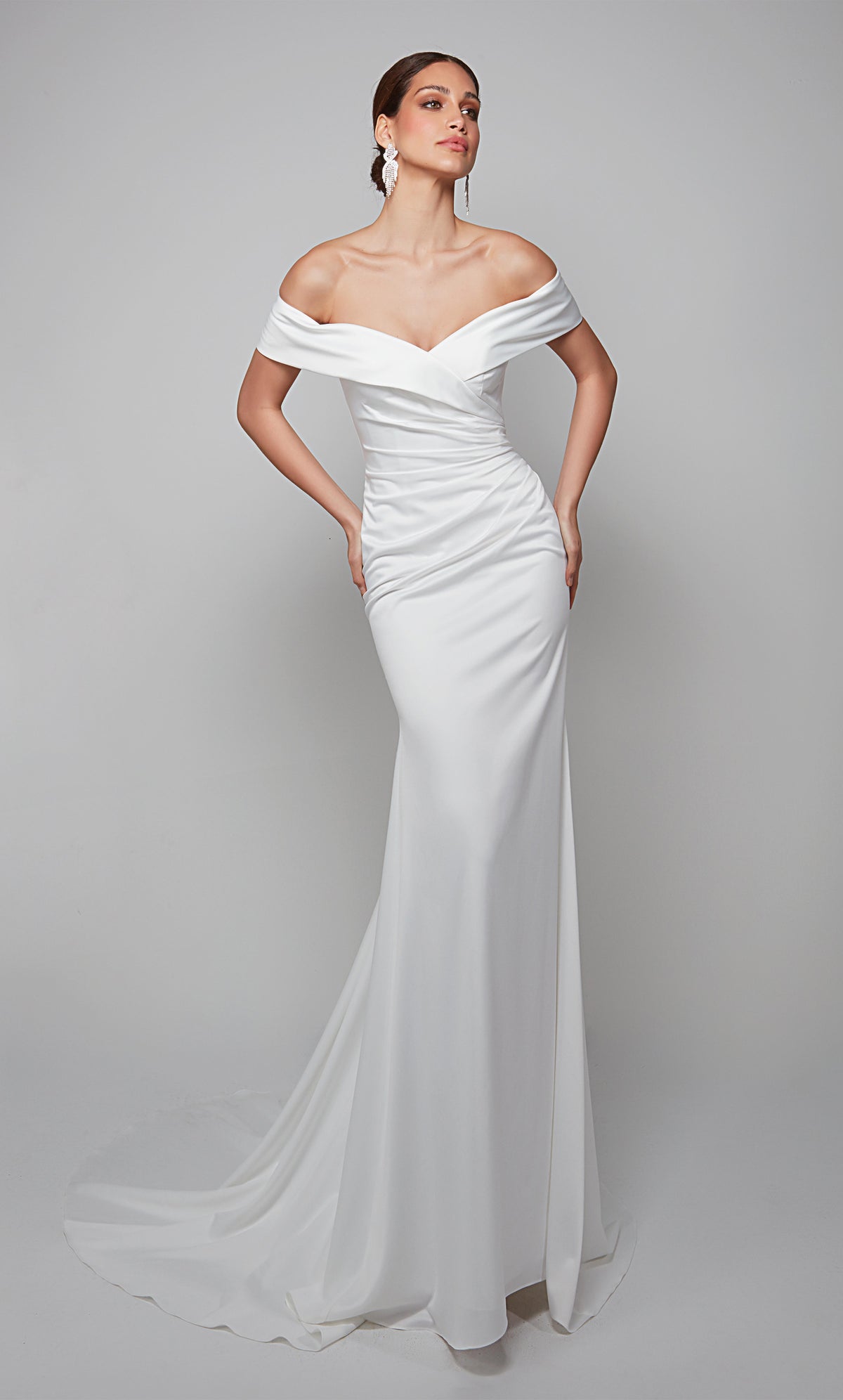 Off the shoulder chic wedding gown with ruching detail in diamond white. Color-SWATCH_7059__DIAMOND-WHITE