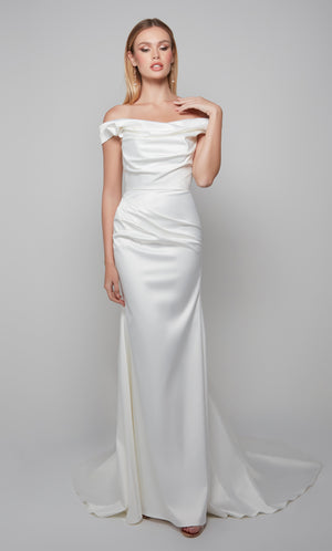 Off the shoulder duchess satin wedding dress in ivory. Color-SWATCH_7064__IVORY