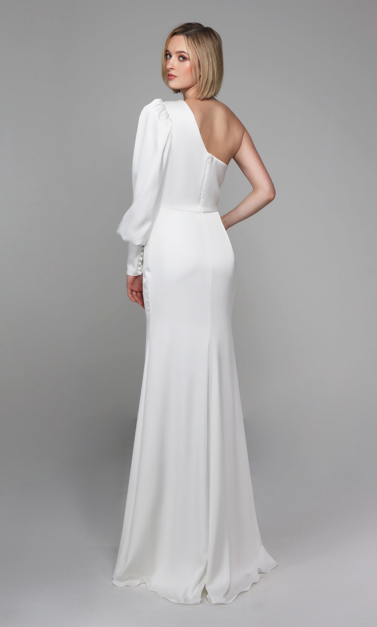 One shoulder simple wedding dress with a zip up back and train in ivory.