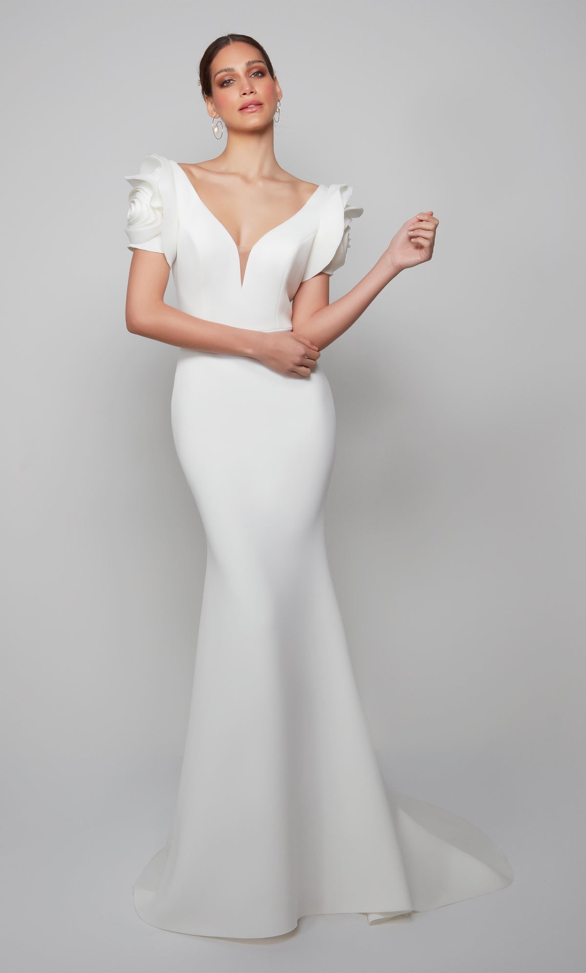 Ivory fit and flare scuba wedding gown with rose shaped short sleeves and a plunging neckline. Color-SWATCH_7066__IVORY