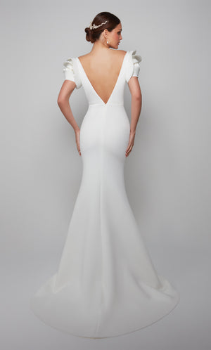 Deep V back wedding dress with rose shaped sleeves and train in ivory.