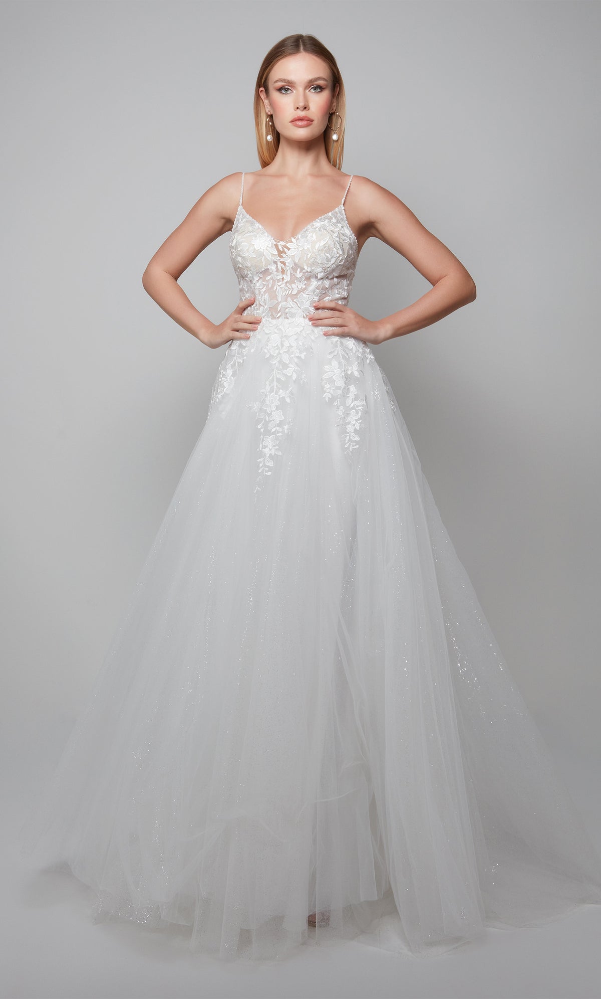 Classic tulle wedding gown with a sheer lace bodice in ivory. Color-SWATCH_7079__IVORY