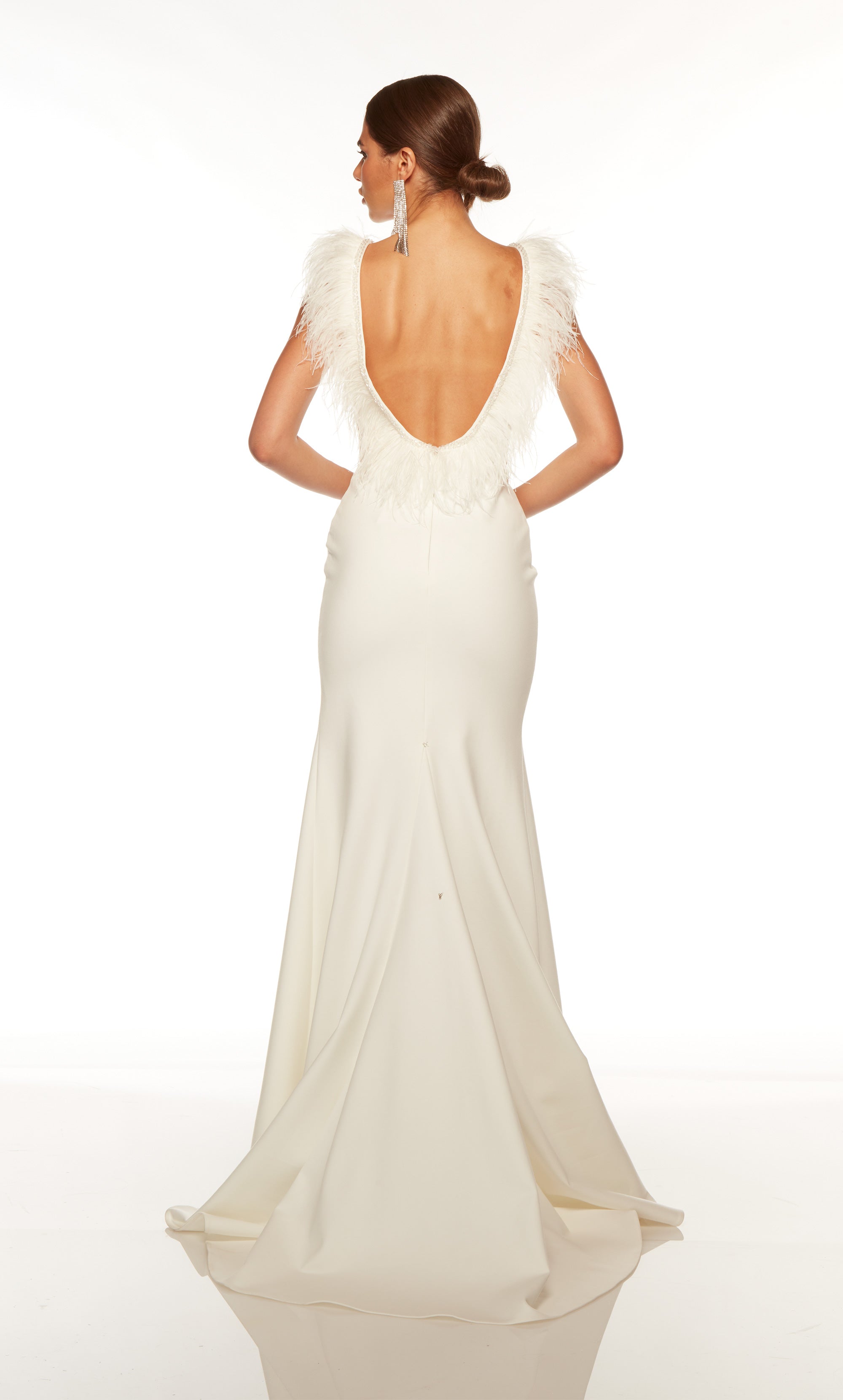 Feather plunging neckline simple wedding dress with a high side slit. COLOR-SWATCH_7087__DIAMOND-WHITE