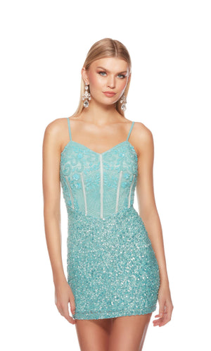 Short hand-beaded blue homecoming dress with an V neckline and lace up back for an chic and stylish look.