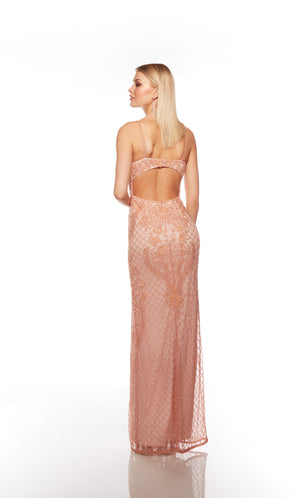 Chic light pink formal gown: Hand-beaded, V neckline, side slit, open keyhole back for an stunning, sophisticated look.