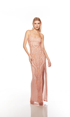 Chic light pink formal gown: Hand-beaded, V neckline, side slit, open keyhole back for an stunning, sophisticated look.