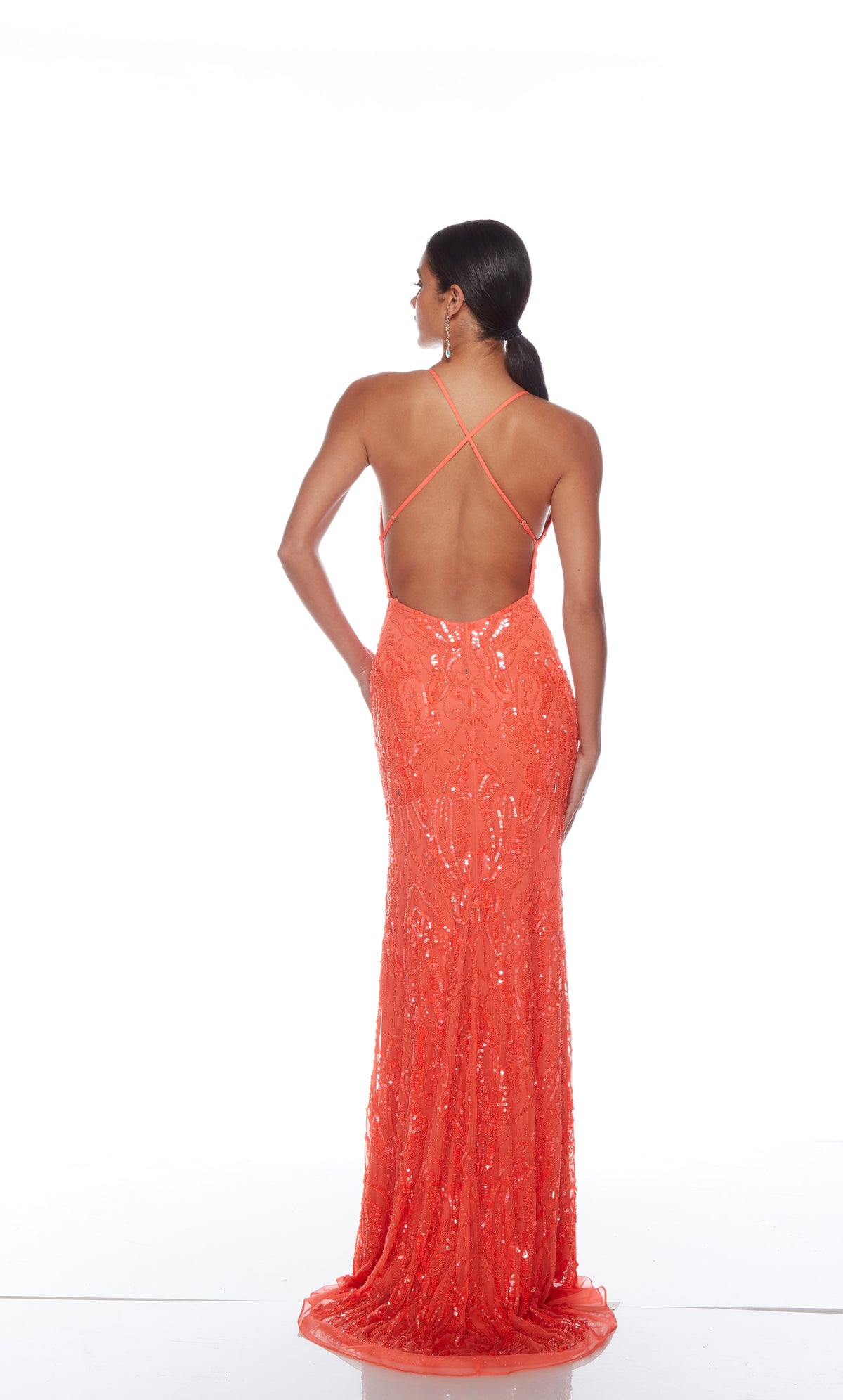 Elegant orange formal gown: Hand-beaded, V neckline, spaghetti straps, strappy back, and intricate paisley-patterned design for an chic and sophisticated look.