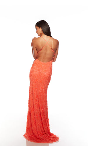 Elegant orange formal gown: Hand-beaded, V neckline, spaghetti straps, strappy back, and intricate floral design for an chic and sophisticated look.