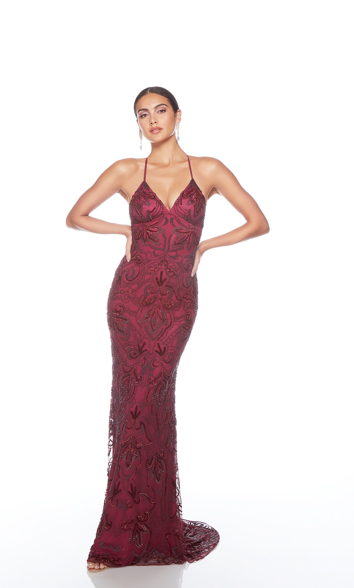 Elegant red formal gown: Hand-beaded, V neckline, spaghetti straps, strappy back, and intricate floral design for an chic and sophisticated look.