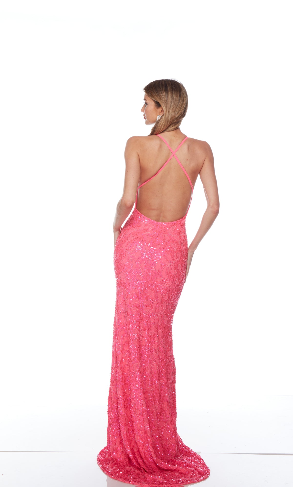 Elegant pink formal gown: Hand-beaded, V neckline, spaghetti straps, strappy back, and intricate design plus fringe accents for an chic and sophisticated look.