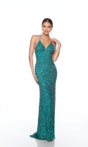 Elegant jade formal gown: Hand-beaded, V neckline, spaghetti straps, strappy back, and intricate design plus fringe accents for an chic and sophisticated look.