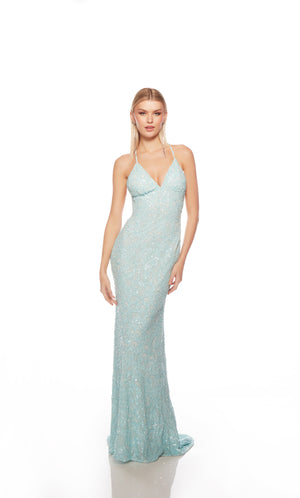 Elegant sky blue formal gown: Hand-beaded, V neckline, spaghetti straps, strappy back, and intricate design plus fringe accents for an chic and sophisticated look.