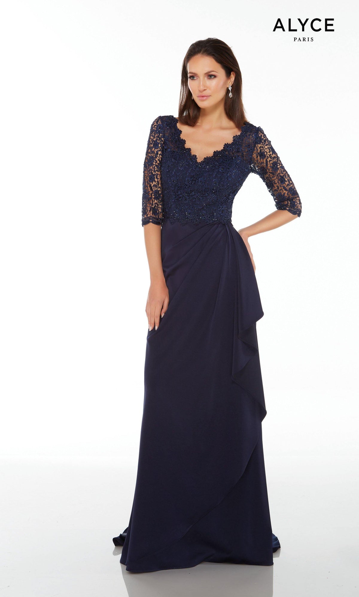 Formal Dress: 27242. Long, V-Neck, Straight, V Shaped Back Alyce Paris