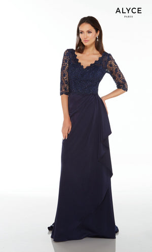 Formal Dress: 27242. Long, V-Neck, Straight, V Shaped Back Alyce Paris