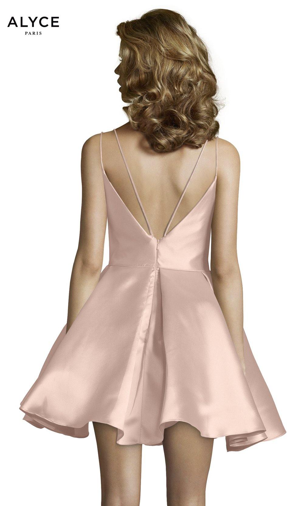 Short french pink party dress with a v neckline, pockets, and a mikado fabrication. SWATCH_3764__FRENCH-PINK