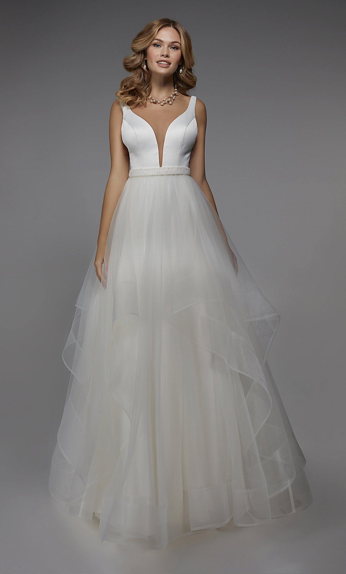 Formal Dress: 7022. Long Bridal Gown, Plunging Neckline, Ball Gown Alyce Paris