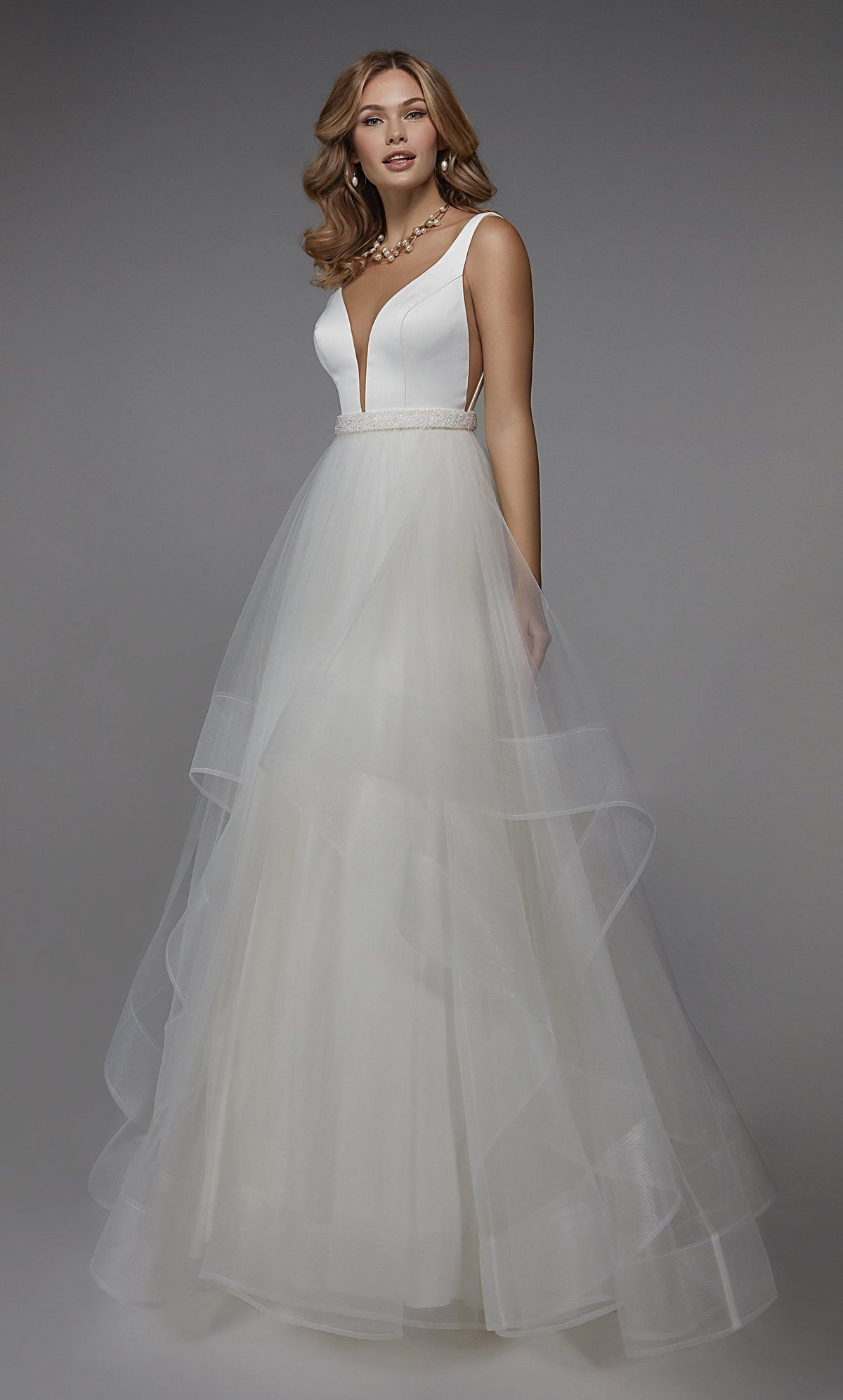 Formal Dress: 7022. Long Bridal Gown, Plunging Neckline, Ball Gown Alyce Paris