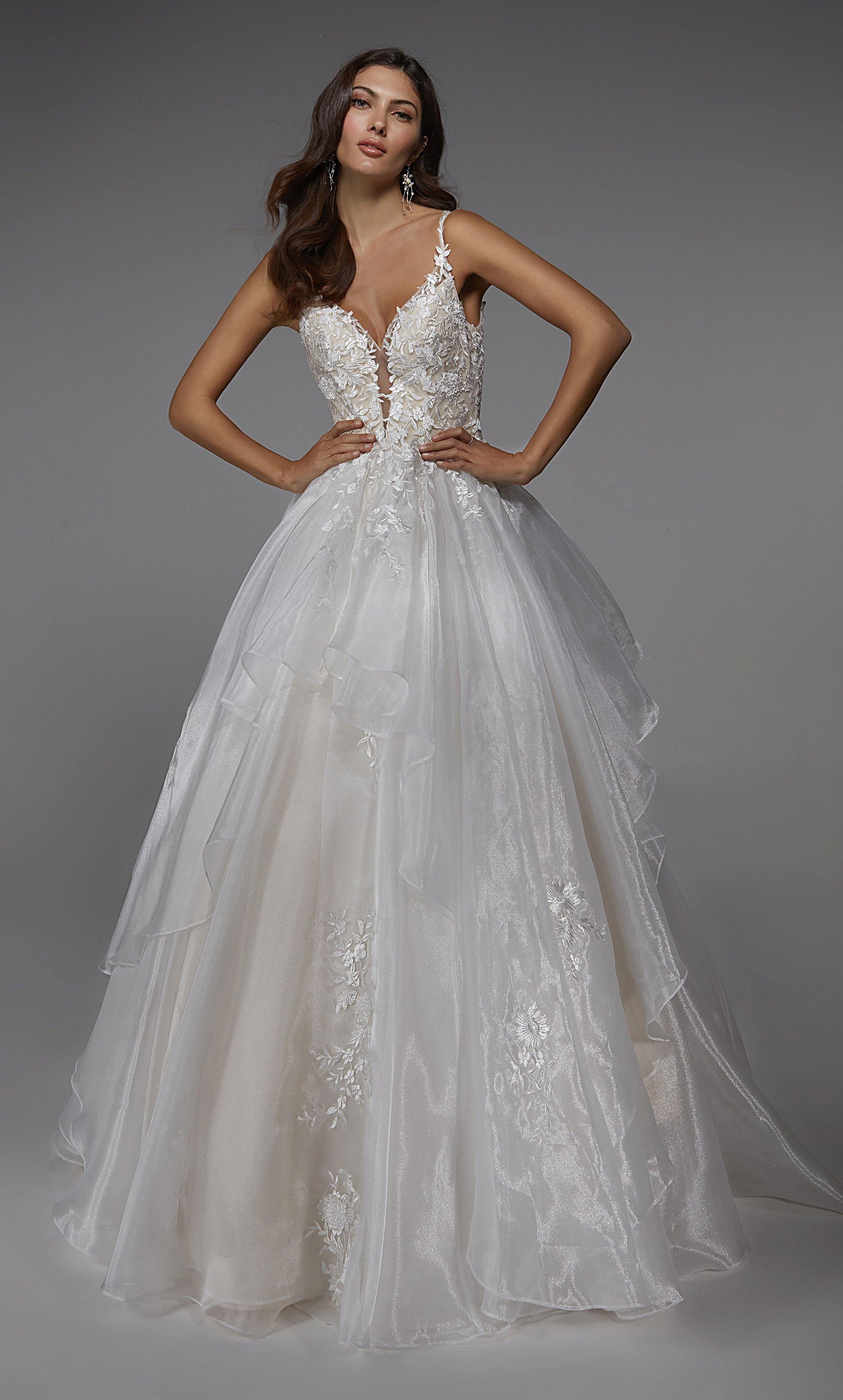 Formal Dress: 7047. Long Bridal Gown, Plunging Neckline, Ball Gown Alyce Paris